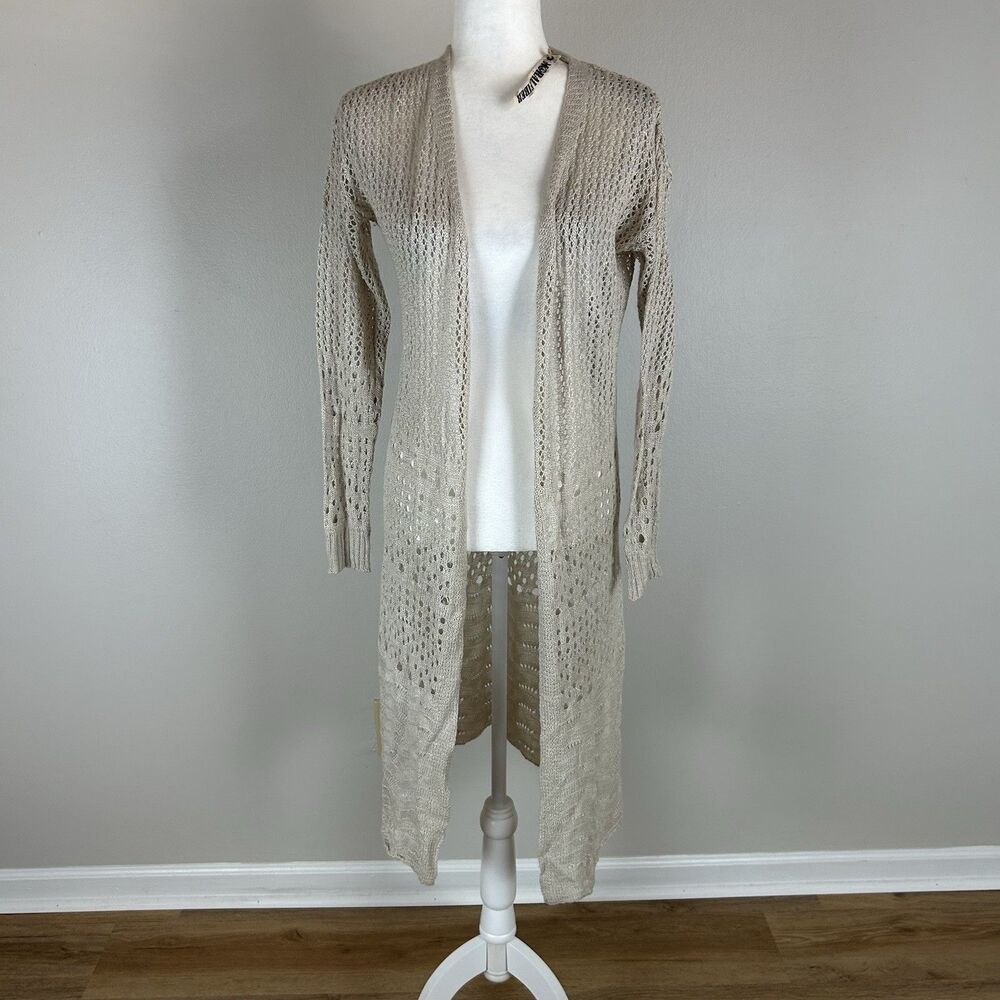 Freshman Maxi M Cardigan Womens Beige Crochet Boho Duster Festival Open Knit